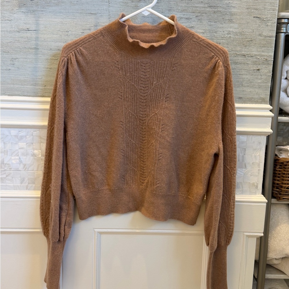Small Anthropologie cashmere ruffle sweater mock neck cable knit honey tan - Picture 3 of 16